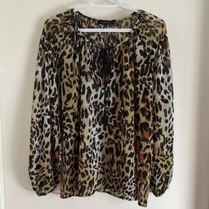 Olivaceous Brown and Black Animal Print Tie Front 3/4 Sheer Long Sleeve Blouse